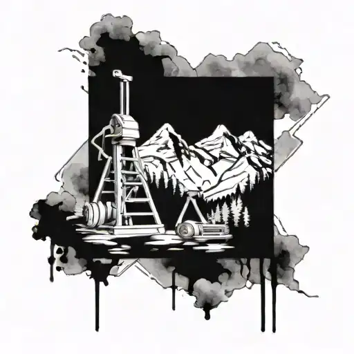 A mountain landscape with a gym equipment hidden in the background tattoo design idea