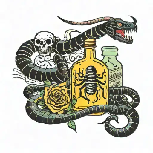 forearm, scorpion, spider, snake, centipede, bottle of cachaça, spider web on the elbow tattoo design idea