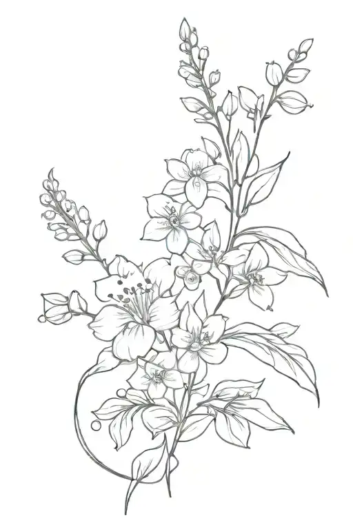 spine tattoo, four flowers linked together, lily of the valley, rose, aster and larkspur  tattoo design idea