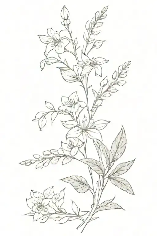 spine tattoo, four flowers, lily of the valley, rose, aster and larkspur tattoo design idea