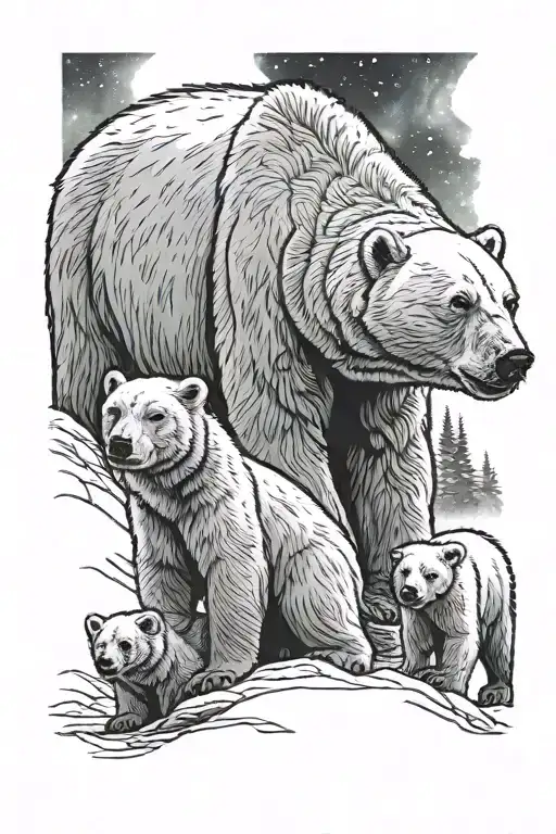 momma polar bear protecting her two cubs + northern lights tattoo design idea