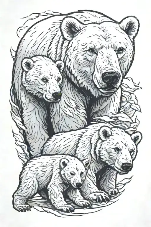 polar bear momma with two cubs surrounded tattoo design idea