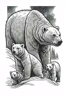 momma polar bear protecting her two cubs + northern lights tattoo design idea