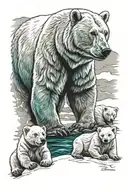 momma polar bear protecting her two cubs + northern lights tattoo design idea