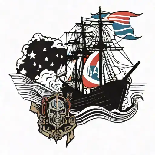 a sailing ship, Optimus Prime standing on the deck, the ship's flag is the Horde insignia from world of Warcraft  tattoo design idea