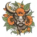 bull with California poppy and Costa Rica national flower  tattoo design idea