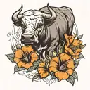 bull with California poppy and Costa Rica national flower  tattoo design idea