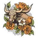bull with California poppy and Costa Rica national flower  tattoo design idea