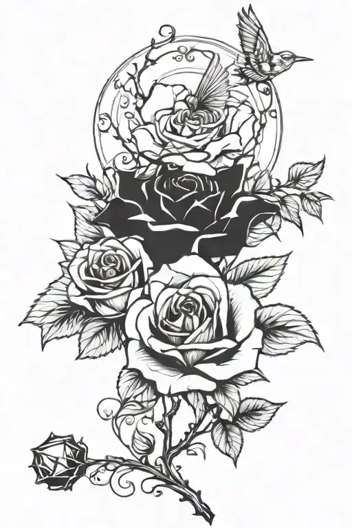 songbird, dead rose stem, music notes  tattoo design idea
