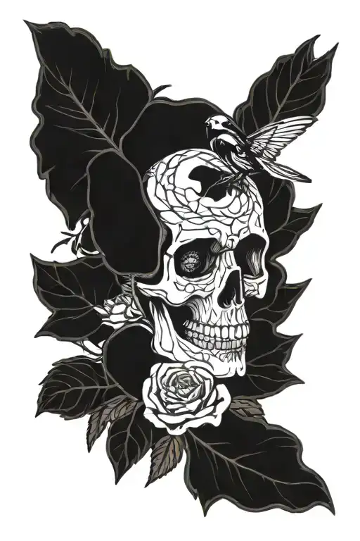 songbird, dead rose stem, skull tattoo design idea