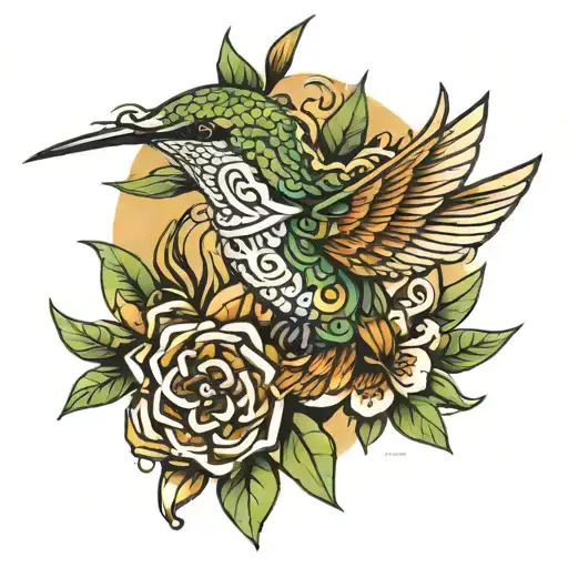 aztec hummingbird with bamboo background tattoo design idea