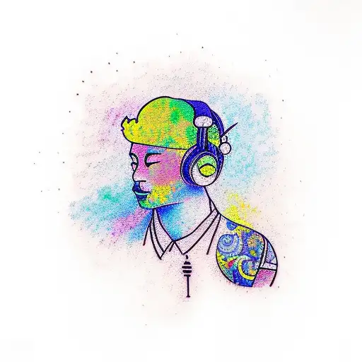 A colorful new-school tattoo of a DJ mixing music at a festival tattoo design idea