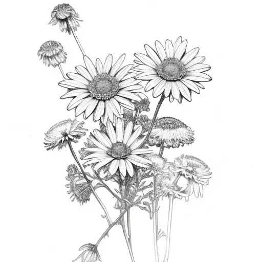 bouquet with scarnation, chrysanthemum, aster, larkspur, and Daisy flowers tattoo design idea