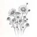 bouquet with scarnation, chrysanthemum, aster, larkspur, and Daisy flowers tattoo design idea