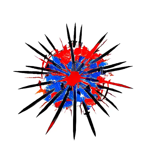 a 30 centimeter knife between two scenarios: a red one with chaos and destruction, and a blue one with peaceful things tattoo design idea