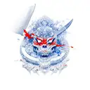 a 30 centimeter knife between two scenarios: a red one with chaos and destruction, and a blue one with peaceful things tattoo design idea