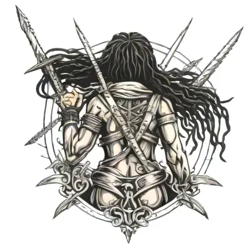 rasta warrior woman with 2 swords in her back tattoo design idea