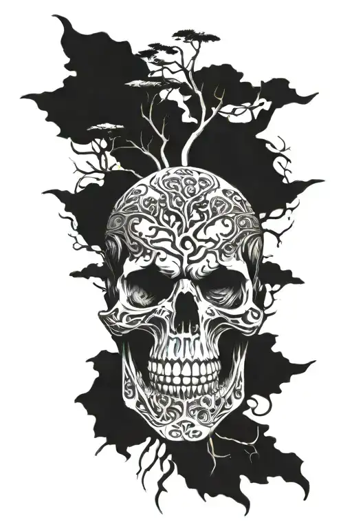 viking skull with world tree growing together tattoo design idea