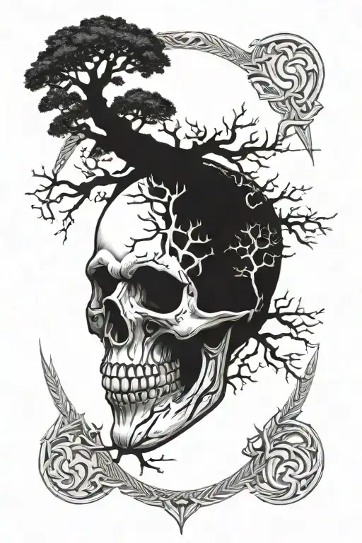 viking skull with world tree growing together tattoo design idea