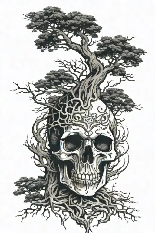 viking skull with world tree growing tattoo design idea