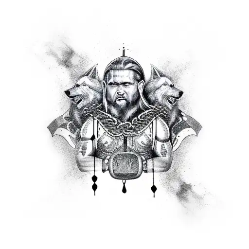 Viking sleeve tattoo with Odin's wolves and Thor's hammer with chains  tattoo design idea