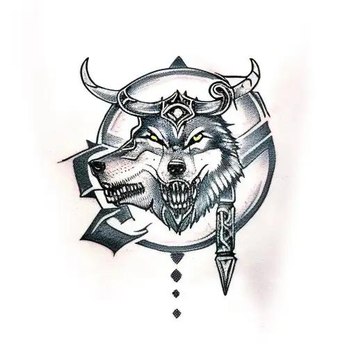 Viking sleeve tattoo with Odin's wolves and Thor's hammer with chains  tattoo design idea
