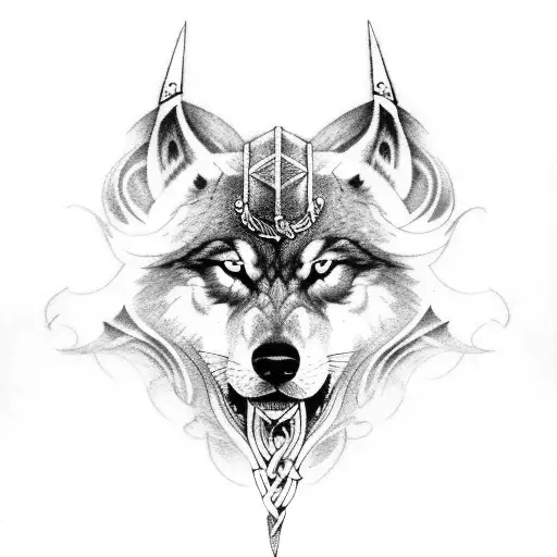 Viking sleeve tattoo with Odin's wolves and Thor's hammer  tattoo design idea