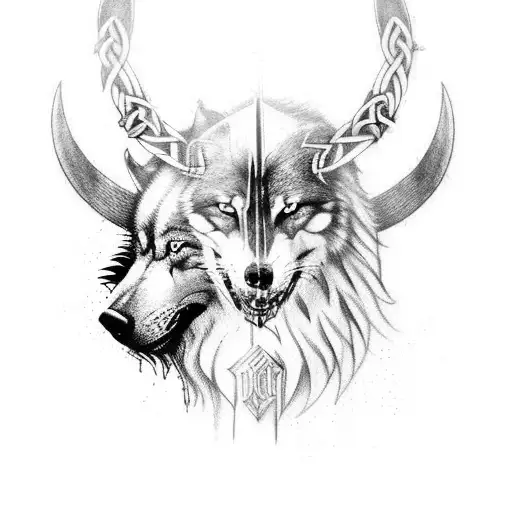 Viking sleeve tattoo with Odin's wolves and Thor's hammer with chains  tattoo design idea