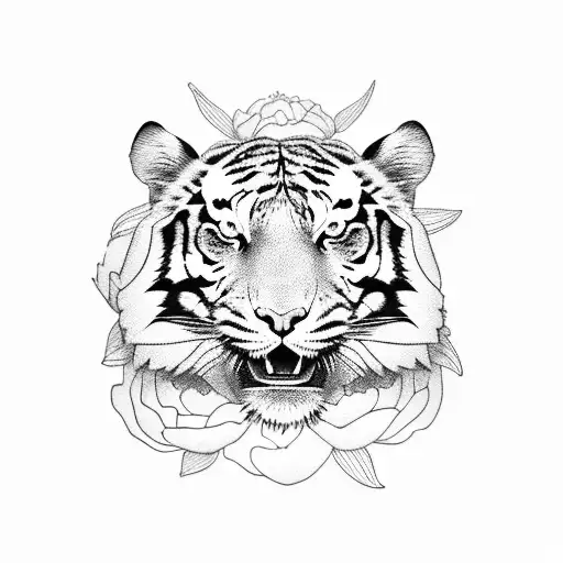 tiger head with peony and lotus around him tattoo design idea