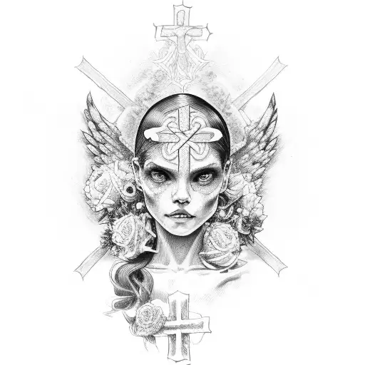 cross and angel with the last name Almanza tattoo design idea