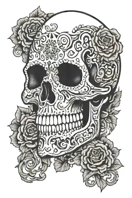 filigree background with skull face morphing half skeleton tattoo design idea