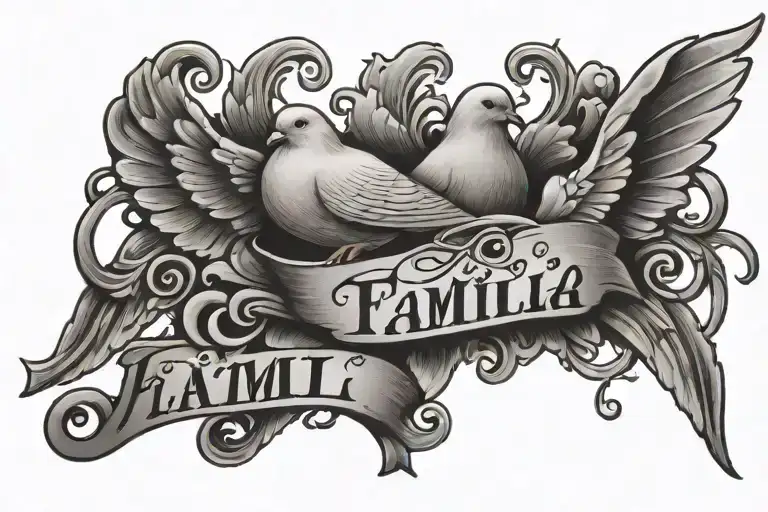grafitti text "Amo a mi familia" with dove in the middle tattoo design idea