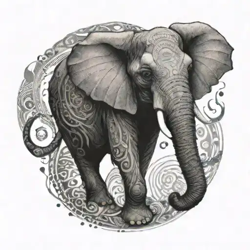 An elephant tattoo with its trunk forming a spiral based on the Fibonacci sequence tattoo design idea
