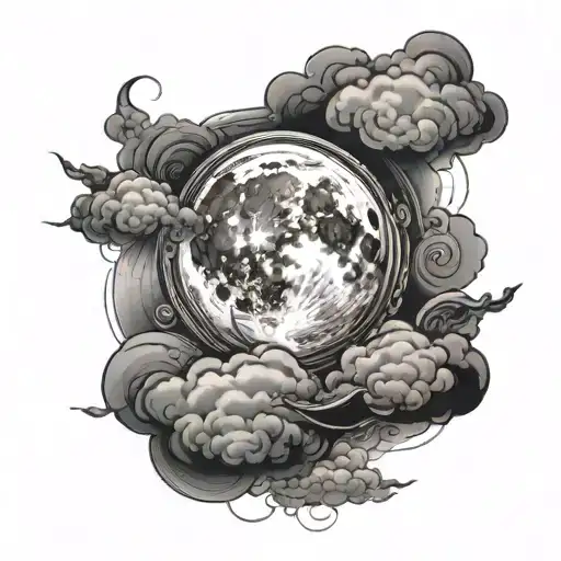 Black colored tattoo representing the moon with clouds, black gradient style tattoo design idea
