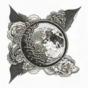 Black and white tattoo representing a full moon surrounded by clouds, black gradient style. Fine, delicate details for t tattoo design idea