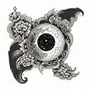 Black and white tattoo representing a full moon surrounded by clouds, black gradient style. Fine, delicate details for t tattoo design idea