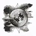 Black and white tattoo representing a full moon surrounded by clouds, black gradient style. Fine, delicate details for t tattoo design idea