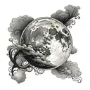 Black and white tattoo representing a full moon surrounded by clouds, black gradient style. Fine, delicate details for t tattoo design idea