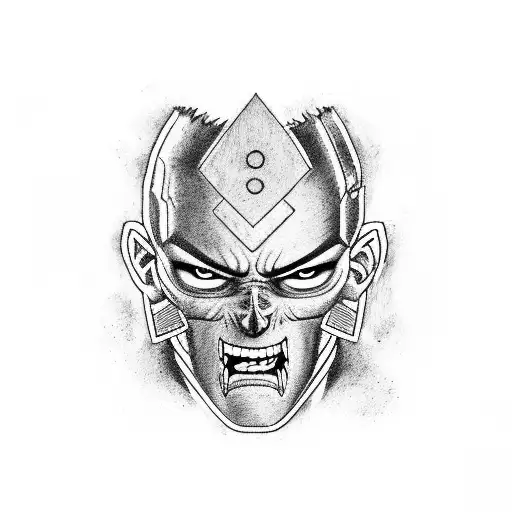A detailed portrait of Guts from Berserk, with coding symbols incorporated into the background tattoo design idea