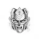 A detailed portrait of Guts from Berserk, with coding symbols incorporated into the background tattoo design idea