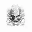 A detailed portrait of Guts from Berserk, with coding symbols incorporated into the background tattoo design idea