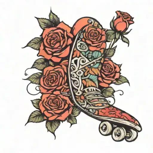 skateboard and roses wrapped tattoo design idea