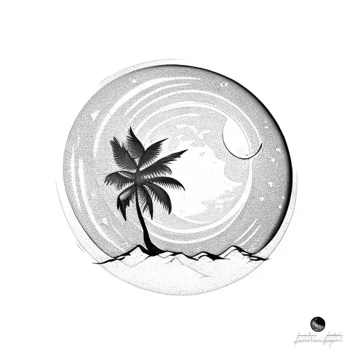 palm tree with moon tattoo design idea