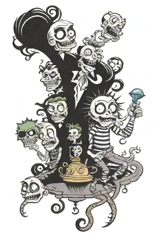 Tattoo Sleeve with cartoon characters by Tim Burton tattoo design idea