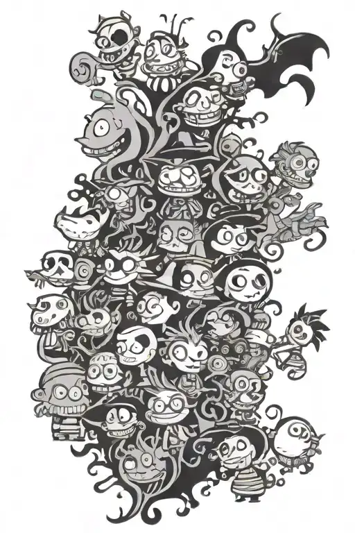 Tattoo Sleeve with cartoon characters by Tim Burton tattoo design idea