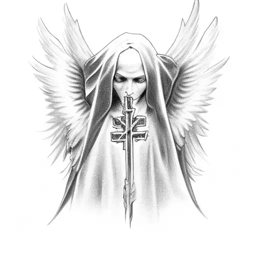 angel, 3 crosses, angel wings tattoo design idea