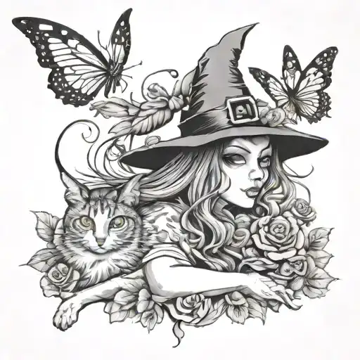 witch and butterflies and cat sitting tattoo design idea