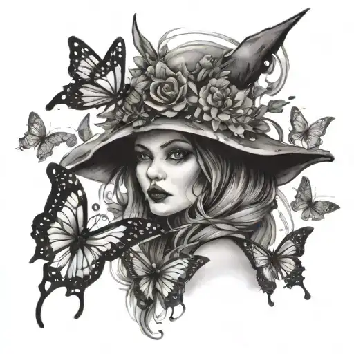 witch surrounded by butterflies tattoo design idea