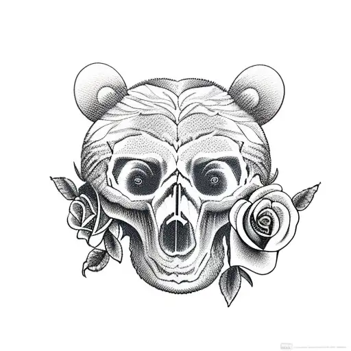 bear with skull and roses tattoo design idea