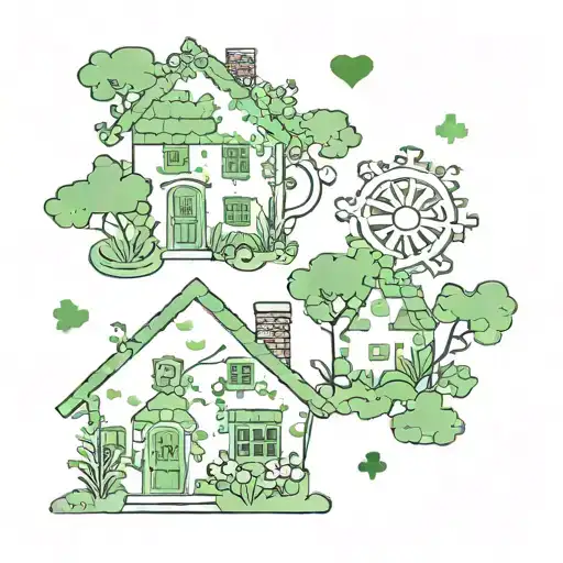 Matching tattoos including jigsaw pieces, small cottages, green heart and the gemini and sagittarius zodiac symbols tattoo design idea